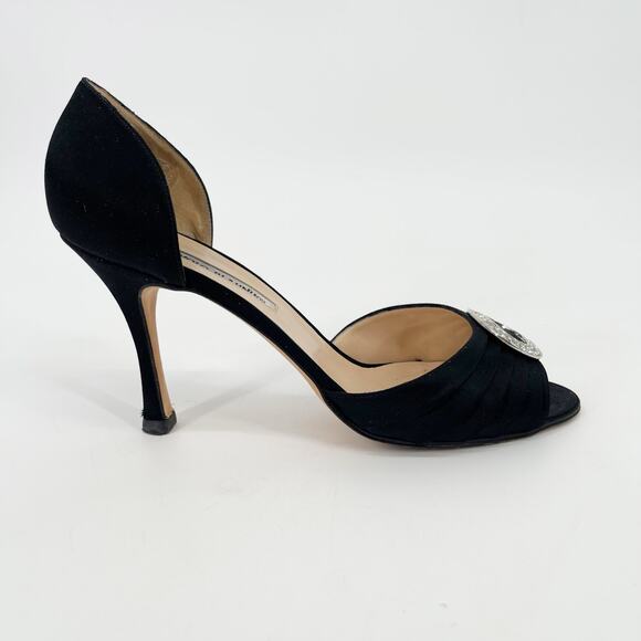 Manolo Blahnik Black Satin Sedaraby Crystal Detail D'Orsay Peep Toe Heels IT 40 - Picture 2 of 13